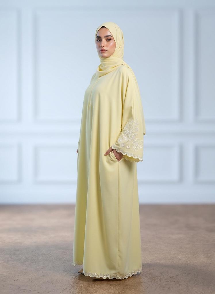 NUKHBAA Pale Yellow Front Zip Embroidered Sleeve Nida Abaya with Pockets-961 - Image 1
