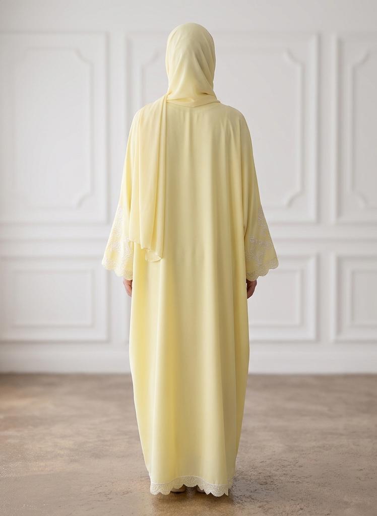 NUKHBAA Pale Yellow Front Zip Embroidered Sleeve Nida Abaya with Pockets-961 - Image 4