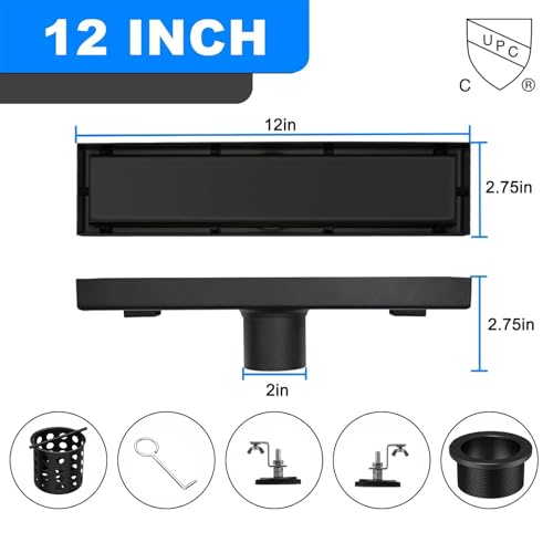 Fibetter Linear Shower Drain 12 Inch Black Rectangular Floor Drain with 2-in-1 Tile Insert Cover, Bathroom Stainless Steel Drains Easy Installing and Cleaning (CUPC Certified) - Image 2