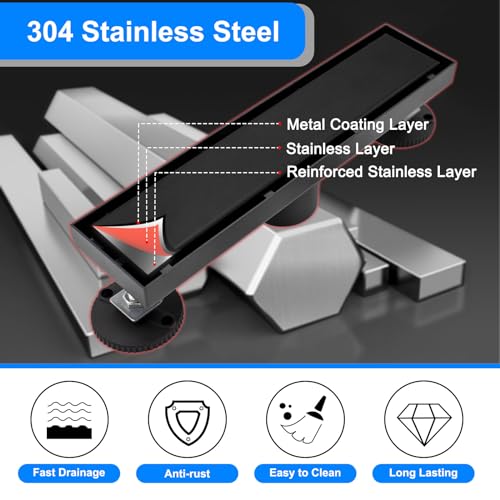 Fibetter Linear Shower Drain 12 Inch Black Rectangular Floor Drain with 2-in-1 Tile Insert Cover, Bathroom Stainless Steel Drains Easy Installing and Cleaning (CUPC Certified) - Image 5