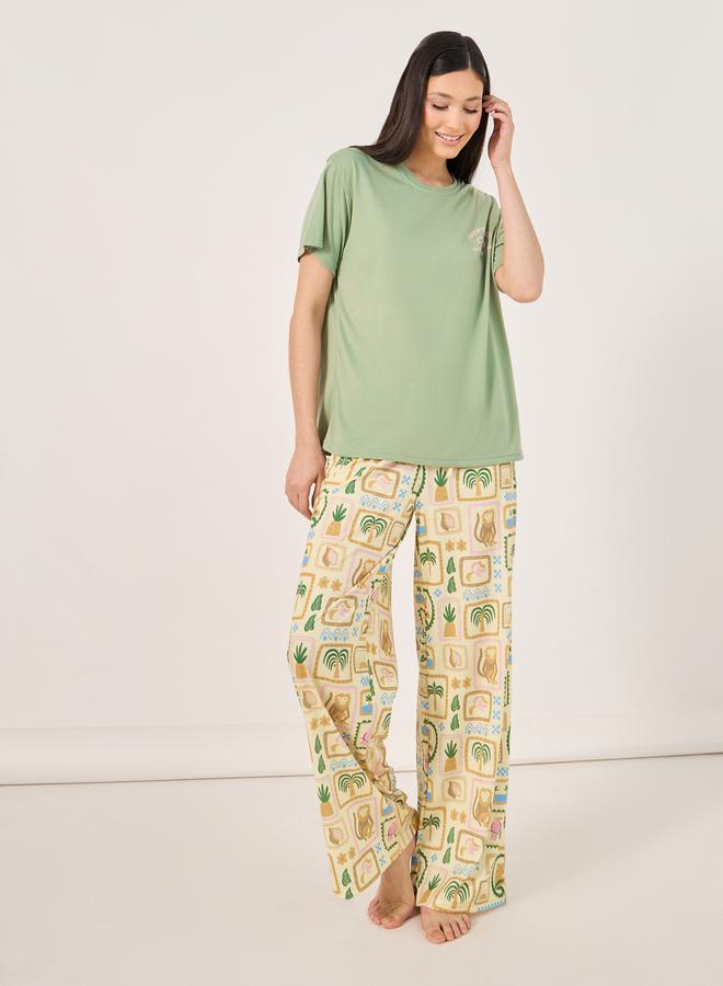 Styli Double Script Slogan Dropped Shoulder T-Shirt and Graphic Pyjama Set  - Image 1