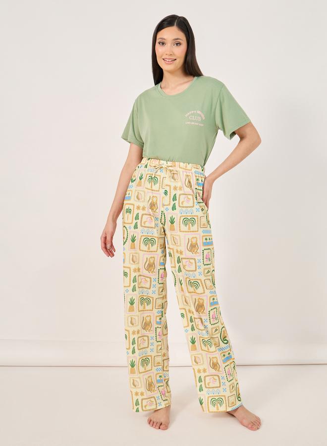 Styli Double Script Slogan Dropped Shoulder T-Shirt and Graphic Pyjama Set  - Image 2