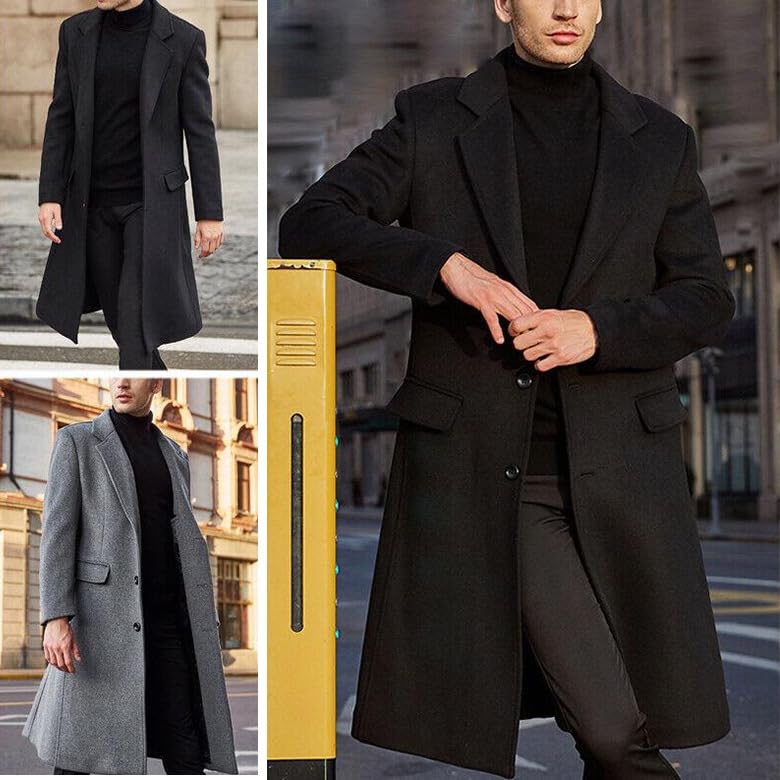 SACHUI® Men's Wool Blend Long Trench Coat Single Breasted Slim Fit Winter Jacket | Grey - M - Image 3