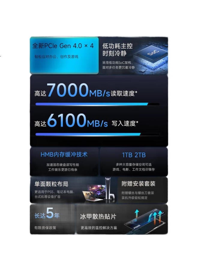 aigo Aigo 1Tb Ssd M.2 Interface 2280 (Nvme) Pcie 4.0, Changjiang Wafer Lianyun Host Controller, Compatible With Laptops, Read Speed 7100Mb/S P7000E - Image 2