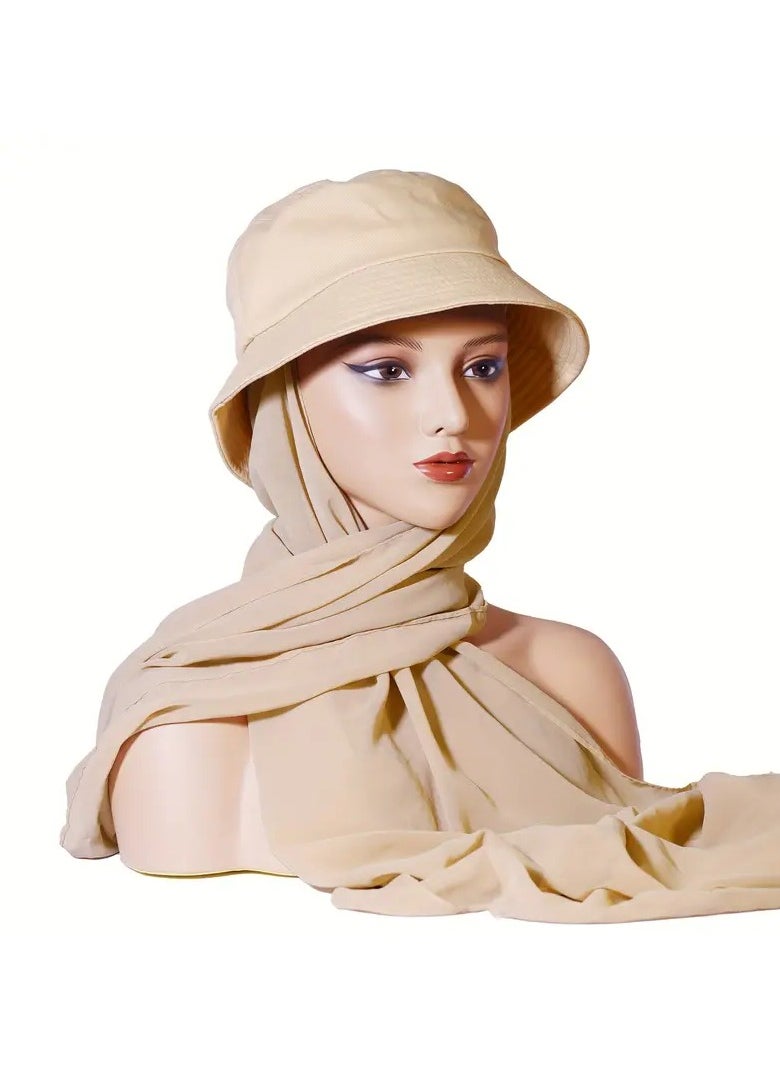 Goolsky 1Pc Breathable Shawl Bucket Hat 2 In 1 Integration, Solid Color Sunscreen Chiffon Scarf Hat, Perfect For Party Or Vacation (Light Khaki)  - Image 1