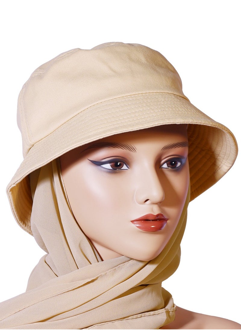 Goolsky 1Pc Breathable Shawl Bucket Hat 2 In 1 Integration, Solid Color Sunscreen Chiffon Scarf Hat, Perfect For Party Or Vacation (Light Khaki)  - Image 4