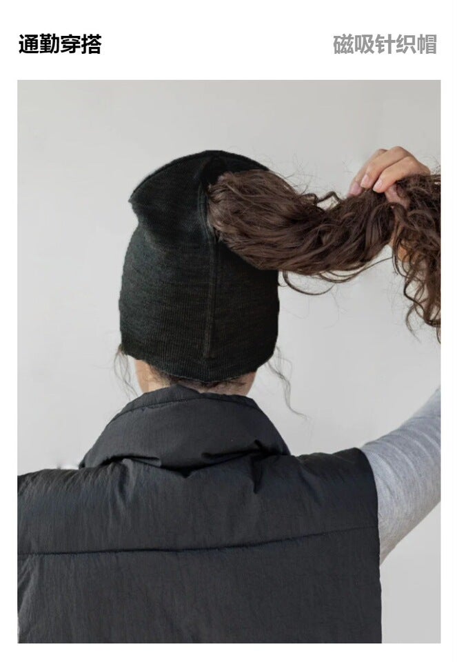 Beanie Magnetic Opening Ponytail  Knit Automatic Magnetic Closure Hat - Image 3