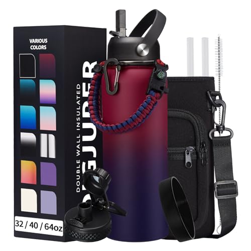 DIGJUPER 40OZ Stainless-steel Water-Bottle with Straw - Pop-up Spout & Straw Lids, Survival Paracord Handle, Storage Sleeve & Cup Mat, Leak Proof Reusable Insulated Men Women Water Jug for Gym Workout - Image 1