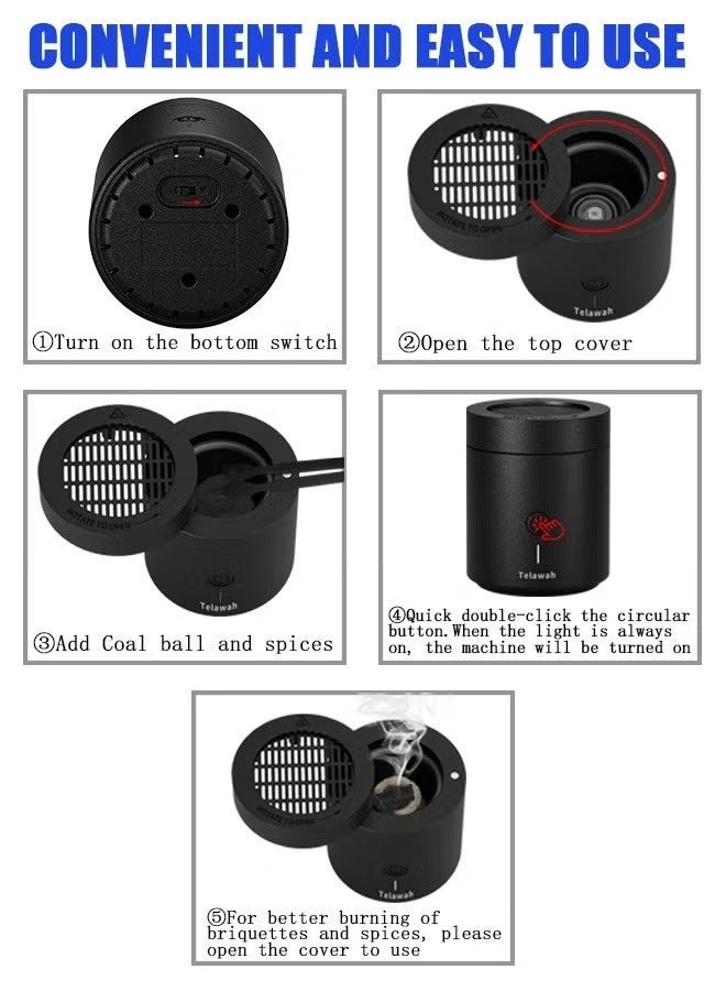 Telawah موقد بخور إلكتروني محمول   معطر بخور سيارة قابل لإعادة الشحن برأس دوار وسرعة تسخين عالية - Image 5