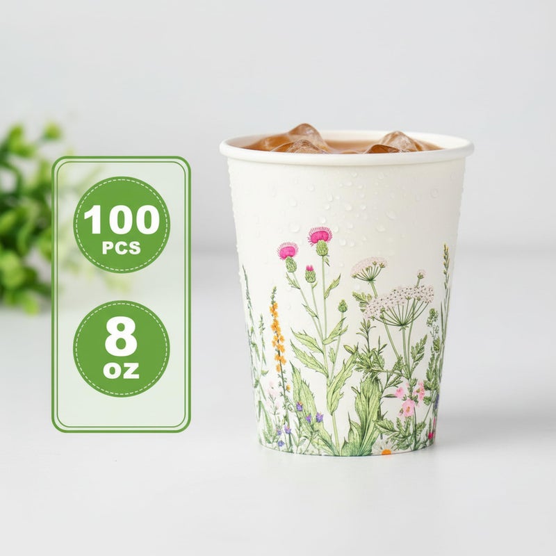 AimFun 100 Pcs Floral Party Cups Vintage Botanical Paper Cups 8oz Wildflower Herb Beverage Disposable Drinking Cups for Birthday Bridal Shower Easter Party Supplies - Image 2