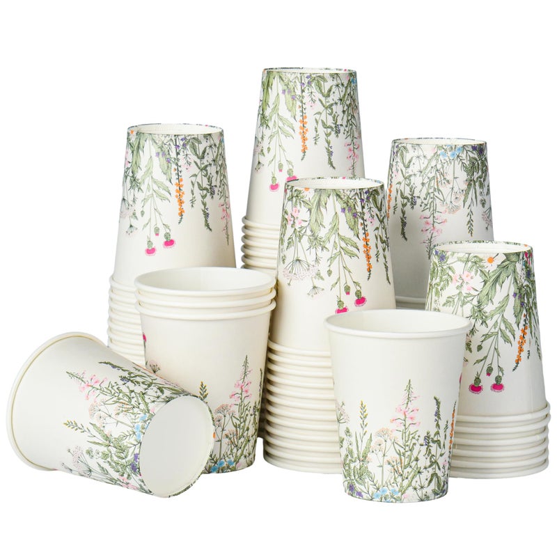 AimFun 100 Pcs Floral Party Cups Vintage Botanical Paper Cups 8oz Wildflower Herb Beverage Disposable Drinking Cups for Birthday Bridal Shower Easter Party Supplies - Image 1