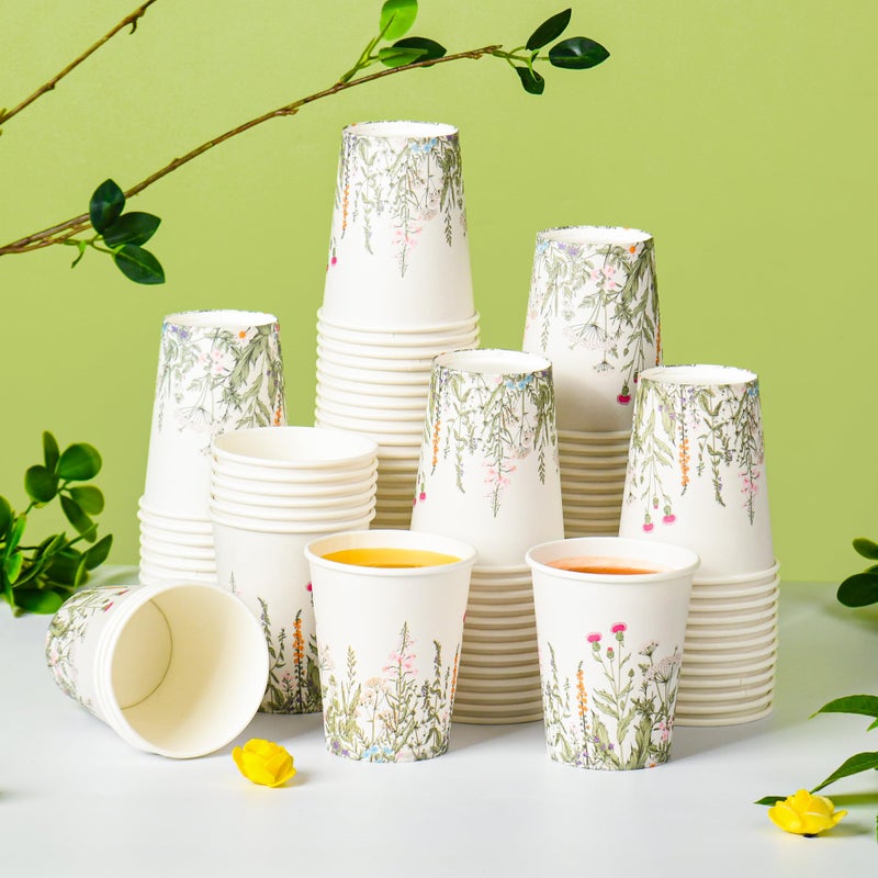AimFun 100 Pcs Floral Party Cups Vintage Botanical Paper Cups 8oz Wildflower Herb Beverage Disposable Drinking Cups for Birthday Bridal Shower Easter Party Supplies - Image 3