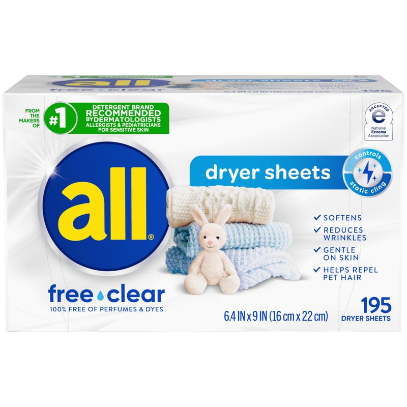 all Fabric Softener Dryer Sheets for Sensitive Skin, Free Clear, 195 Count - Image 1