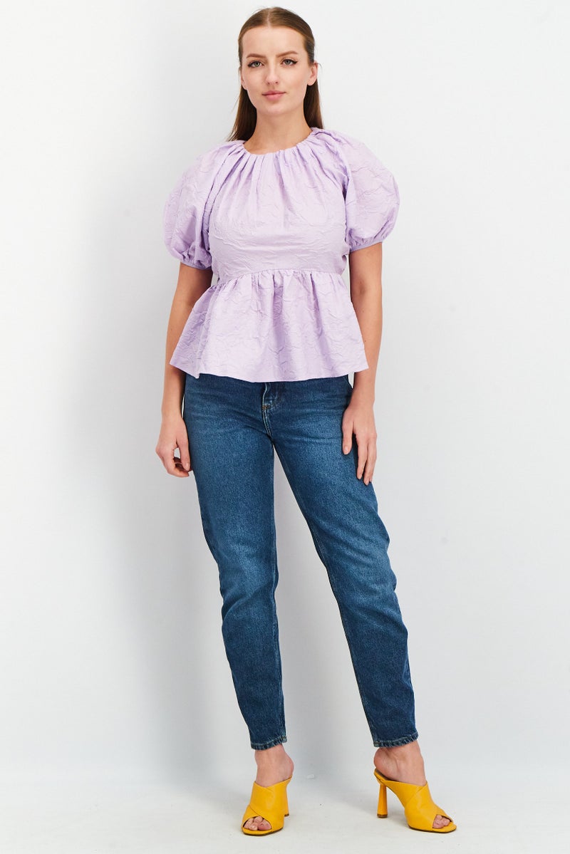 Asos Design Women Crew Neck Balloon Sleeve Textured Top, Lilac - Image 3