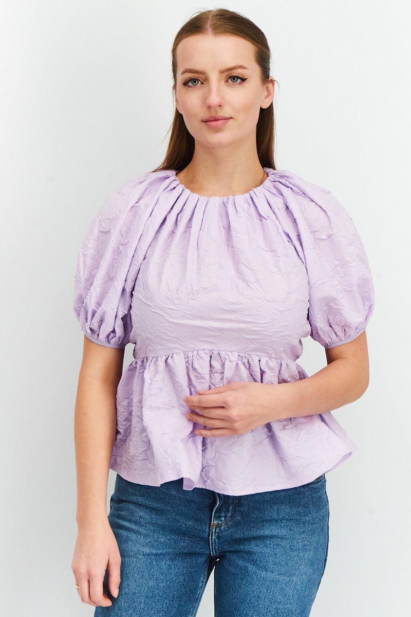 Asos Design Women Crew Neck Balloon Sleeve Textured Top, Lilac - Image 1