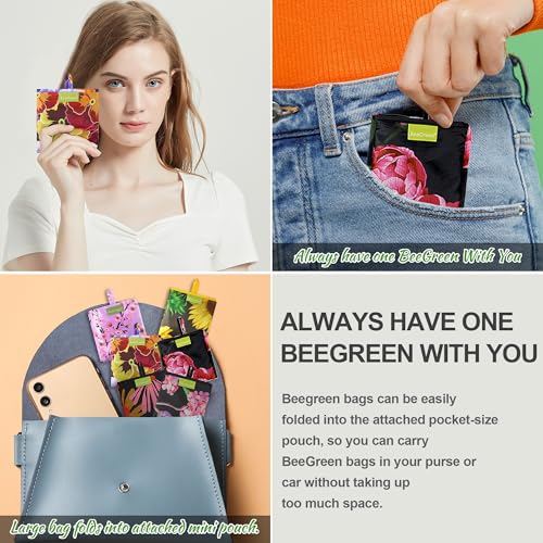 BeeGreen Flower Reusable Shopping Bags Cute Grocery Bag 6 Pack Christmas Gift Bags HeavyDuty Foldable Shopping Totes for Supermarket Work Travel Large Washable Polyester Tote Bag with Handles - Image 3