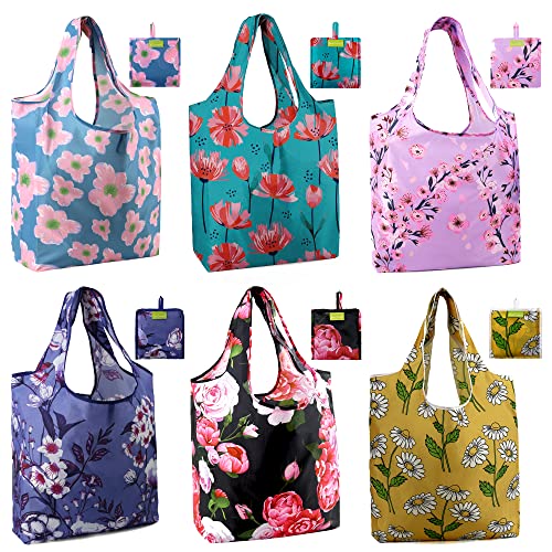 BeeGreen Flower Reusable Shopping Bags Cute Grocery Bag 6 Pack Christmas Gift Bags HeavyDuty Foldable Shopping Totes for Supermarket Work Travel Large Washable Polyester Tote Bag with Handles - Image 1