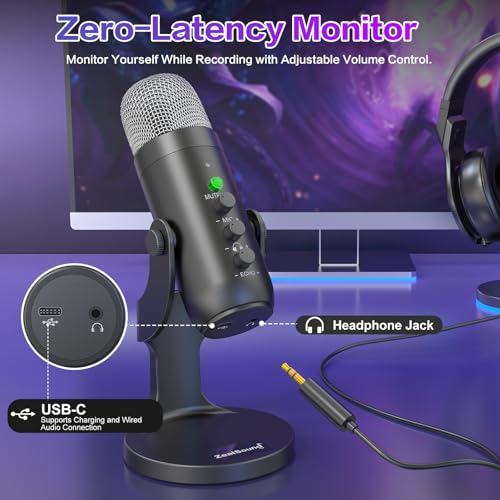 ZealSound Wireless Microphone,USB Mic for iPhone PC iPad Android Phone-Cordless Condenser Desktop Microphones with Mute Echo Monitor Volume Gain 2.4GHz for Podcast,ASMR,Gaming,YouTube Video/K66 Black - Image 5