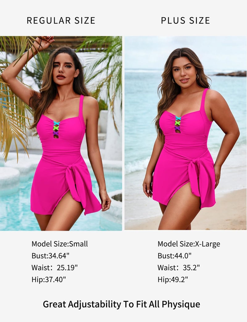 Zilcremo Swim Dress for Women Tummy Control One Piece Swimsuit Wrap Swimdress Square Neck Skirted Bathing Suit Swimwear Hotpink M - Image 5