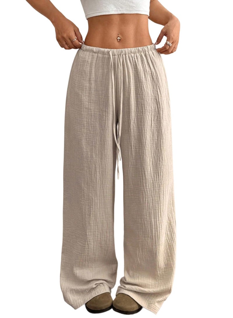 Acelitt Womenâ€™s Wide Leg Palazzo Pants Drawstring Elastic Waist Casual Loose Lounge Pants Beach Trousers Teacher Outfits Fall Clothes Beige Medium - Image 1