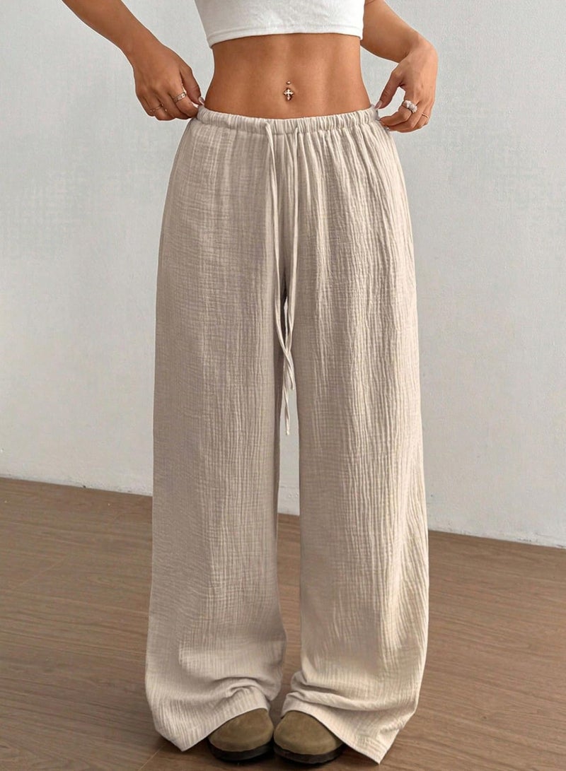 Acelitt Womenâ€™s Wide Leg Palazzo Pants Drawstring Elastic Waist Casual Loose Lounge Pants Beach Trousers Teacher Outfits Fall Clothes Beige Medium - Image 2