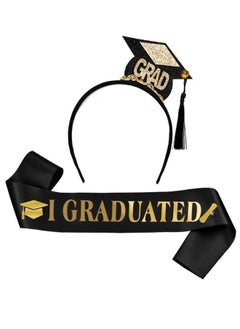 GMORO 2-Piece Graduation Headband and Sash Set, Mini Bachelor Cap Headbands with Gold Tassel Graduated Sash for Graduation Party, Grad Tiara and Graduated Sash for Dress Up Costume Accessory Supplies  - Image 1