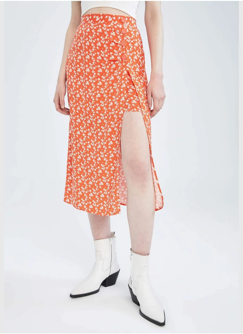DeFacto Regular Fit Floral Print Side Split Midi Skirt