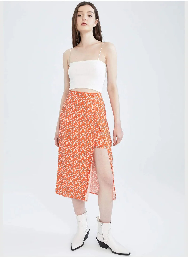 DeFacto Regular Fit Floral Print Side Split Midi Skirt