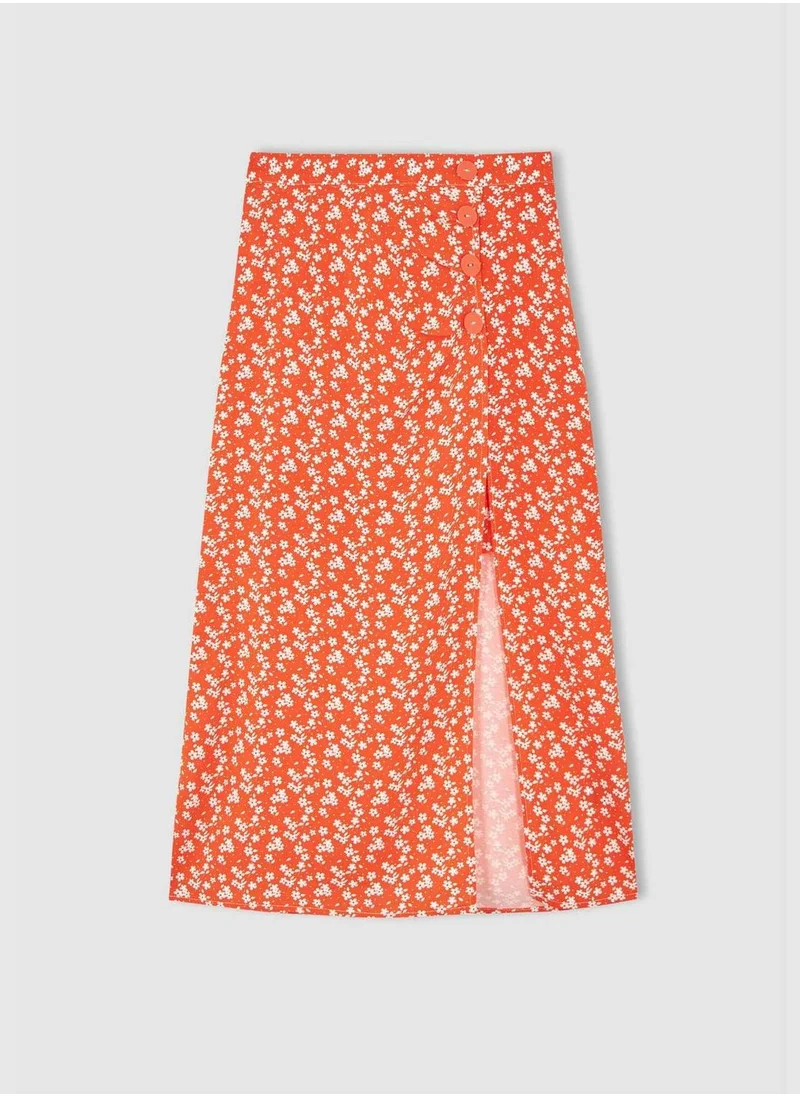 DeFacto Regular Fit Floral Print Side Split Midi Skirt