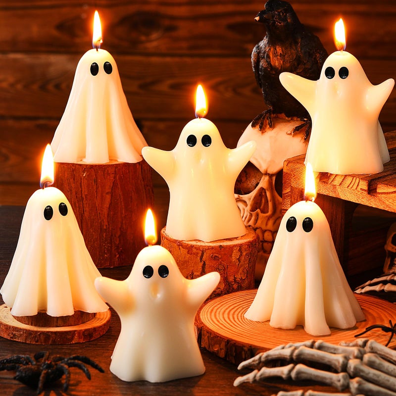 Conelist 6 Pieces Halloween Large Ghost Candles White Spooky Ghost Scented Halloween Candles Horror Gifts Candle Tea Lights Goth Room Decor for Summer Dining Table Party BedroomCute Style
