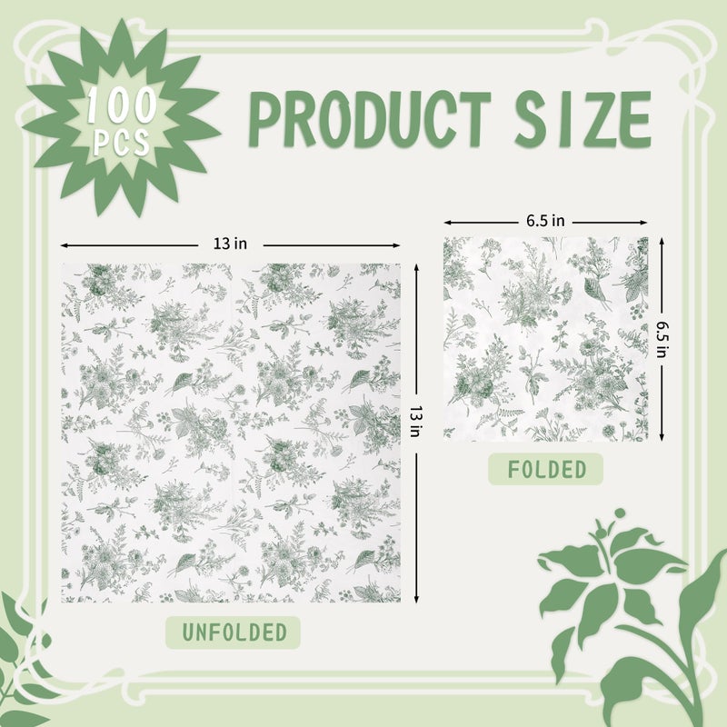 Elyxio 100Pcs Floral Beverage Napkins Sage Green White Disposable Paper Napkins Flowers Luncheon Cocktail Dinner Hand Towels for Wedding Bridal Baby Shower Birthday Tableware Decorations - Image 1