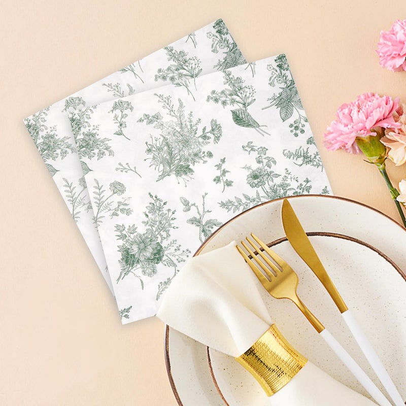 Elyxio 100Pcs Floral Beverage Napkins Sage Green White Disposable Paper Napkins Flowers Luncheon Cocktail Dinner Hand Towels for Wedding Bridal Baby Shower Birthday Tableware Decorations - Image 2
