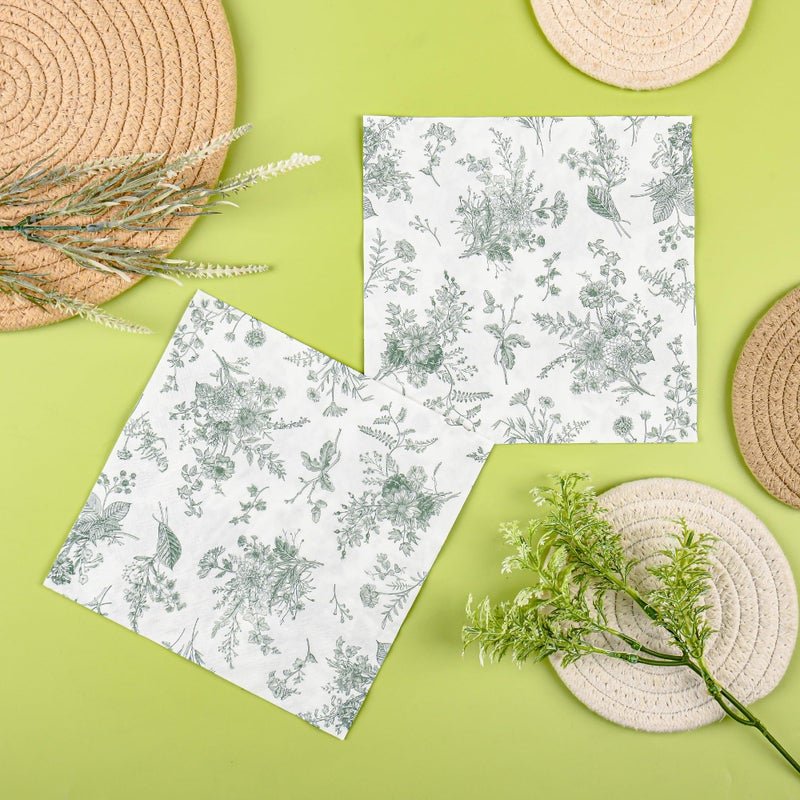 Elyxio 100Pcs Floral Beverage Napkins Sage Green White Disposable Paper Napkins Flowers Luncheon Cocktail Dinner Hand Towels for Wedding Bridal Baby Shower Birthday Tableware Decorations - Image 4