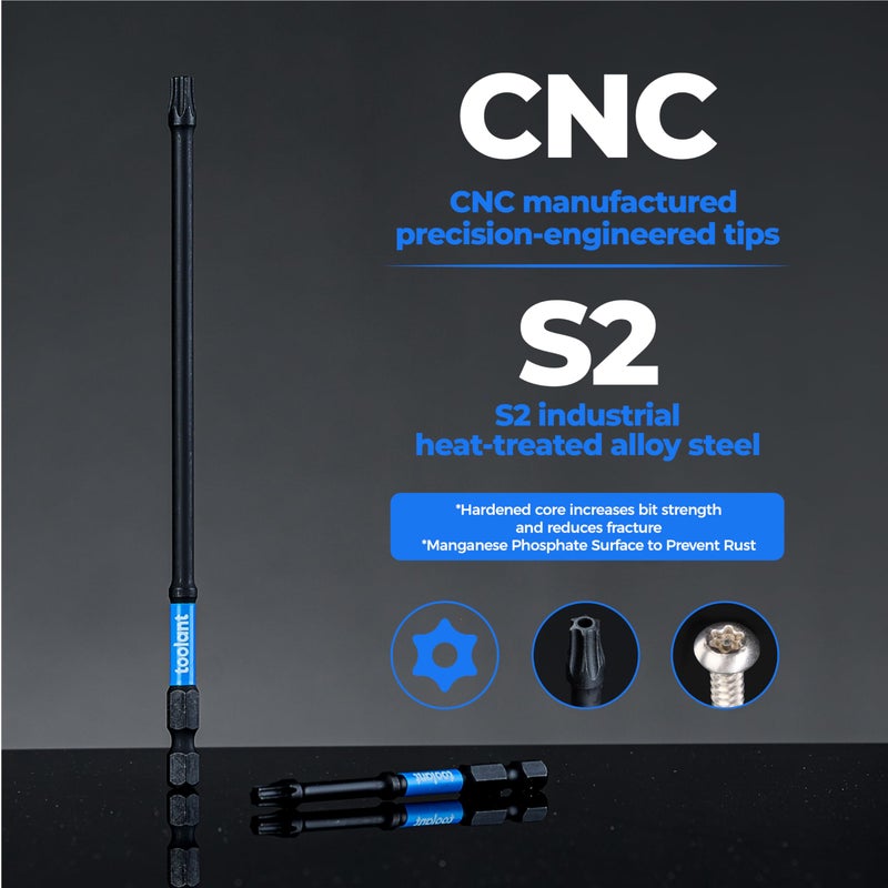 toolant 3" Impact Torx Bit Set 13pcs (TT7-TT40), 1/4 Hex-Shank S2 Steel Security Torx Bit Set, Tamper Proof Star Bit Set with CNC Machined Tips, 3" Long with Magnetic Impact Bit Holder and Storage Box - Image 4