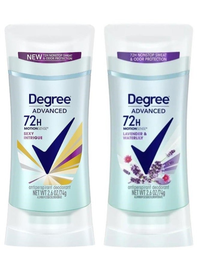 Degree Set of 2 Degree Advanced Antiperspirant Deodorant( Degree Advanced 72H MotionSense, Sexy Intrigue Antiperspirant Deodorant, 74 Grams , And Degree Advanced Lavender & Waterlily 72-Hour Sweat & Odor Protection Antiperspirant for Women 74 Grams ) - Image 1