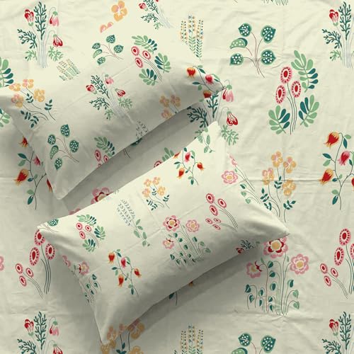 Urban Space Serene 100% Cotton Bedsheet for Double Bed, Floral Queen Size Bed Sheet with 2 Pillow Covers (88 x 100 Inches, Eden Cream) - Image 1