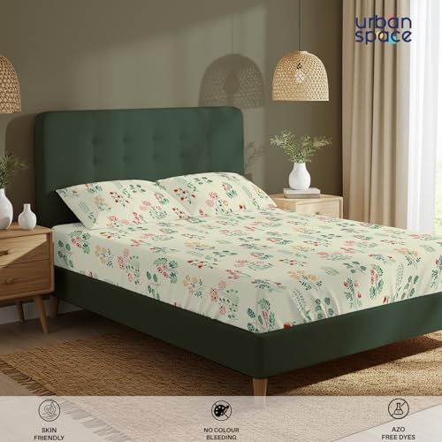 Urban Space Serene 100% Cotton Bedsheet for Double Bed, Floral Queen Size Bed Sheet with 2 Pillow Covers (88 x 100 Inches, Eden Cream) - Image 4