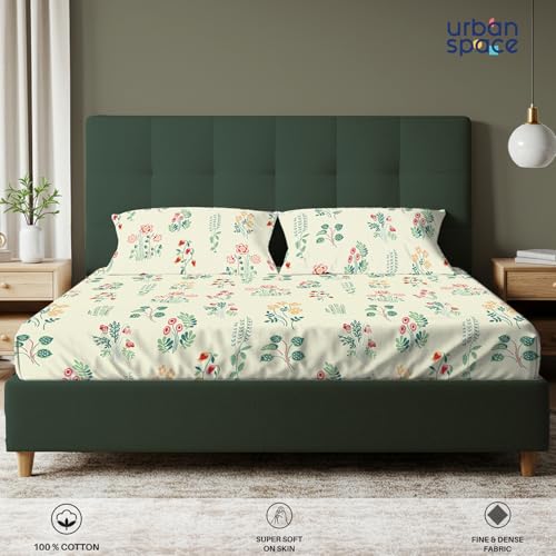 Urban Space Serene 100% Cotton Bedsheet for Double Bed, Floral Queen Size Bed Sheet with 2 Pillow Covers (88 x 100 Inches, Eden Cream) - Image 3