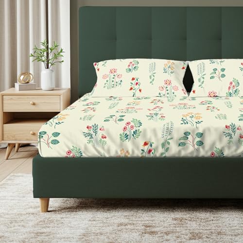 Urban Space Serene 100% Cotton Bedsheet for Double Bed, Floral Queen Size Bed Sheet with 2 Pillow Covers (88 x 100 Inches, Eden Cream) - Image 2