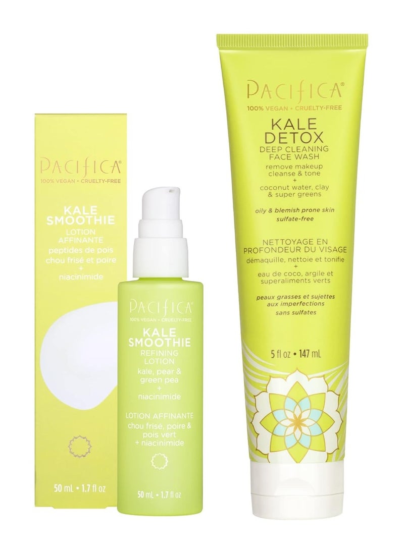 Pacifica Pacifica Beauty Kale Smoothie Refining Lotion & Detox Deep Cleaning Face Wash Set, Skincare, Moisturizer, Niacinamide, Minimize Pores, Serum, Facial Cleanser, Vegan, 1.7 fl oz and 5 fl oz (Set of 2) 