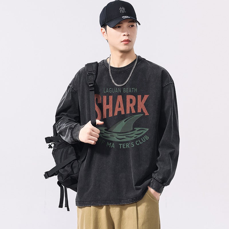 F6855 | Plus Size Men''s Autum New Retro Distressed Long-Sleeved T-Shirt Men''s Loose Washed Stereo Printed Top - Image 2