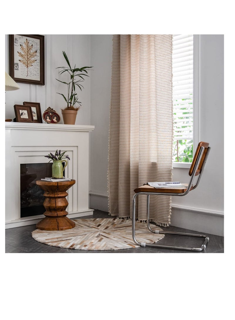 Excefore Boho Semi-Blackout Window Curtains, Striped Semi-Blackout Window Curtains, Farmhouse Style Cotton Linen Tassels Darkening Curtains, for Living Room, Bedroom (150W x 200H cm, Beige) - Image 2