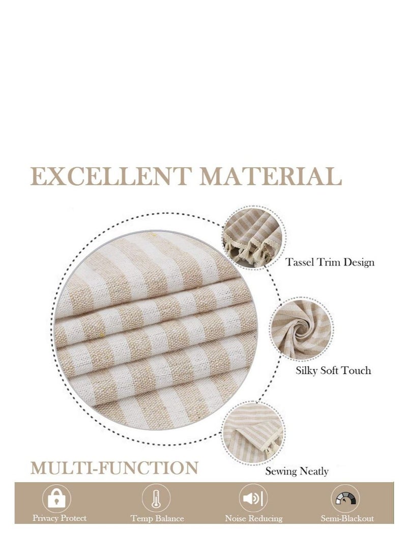 Excefore Boho Semi-Blackout Window Curtains, Striped Semi-Blackout Window Curtains, Farmhouse Style Cotton Linen Tassels Darkening Curtains, for Living Room, Bedroom (150W x 200H cm, Beige) - Image 4