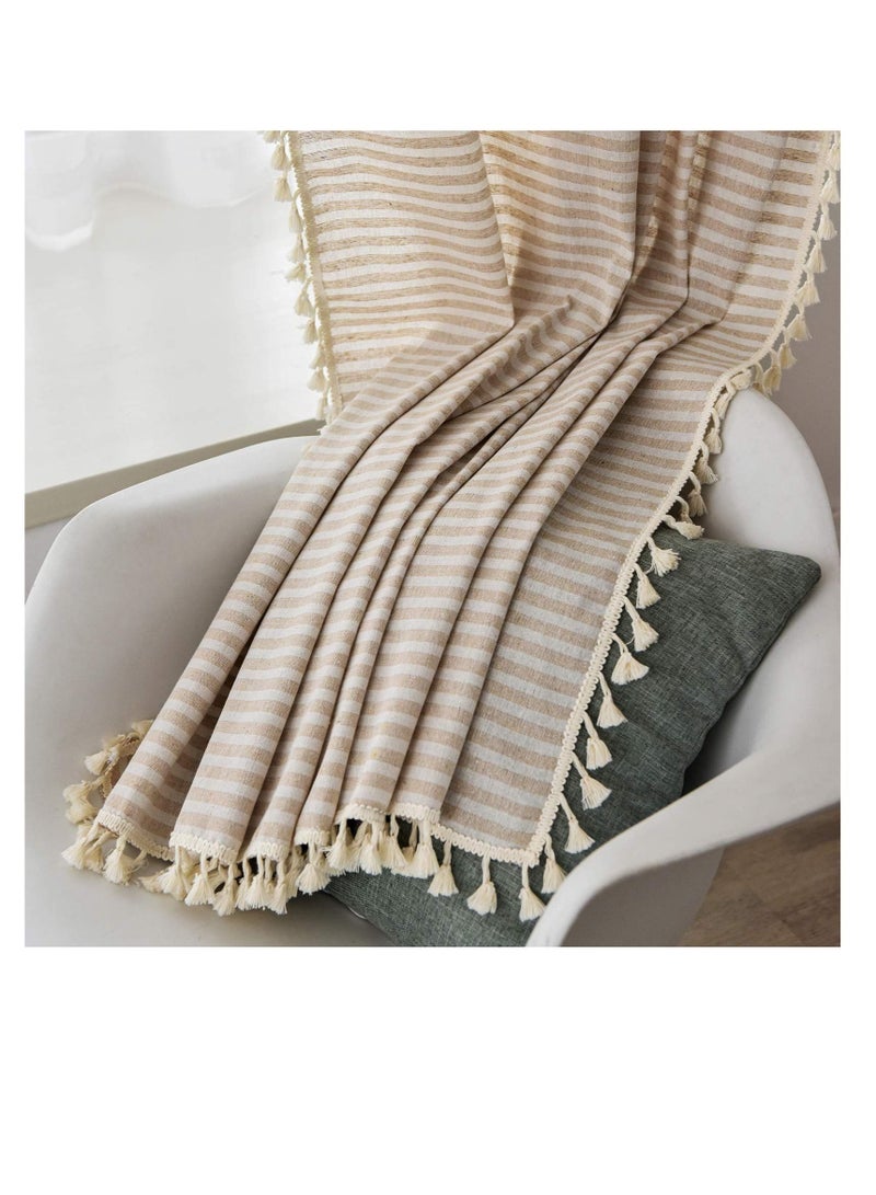 Excefore Boho Semi-Blackout Window Curtains, Striped Semi-Blackout Window Curtains, Farmhouse Style Cotton Linen Tassels Darkening Curtains, for Living Room, Bedroom (150W x 200H cm, Beige) - Image 5