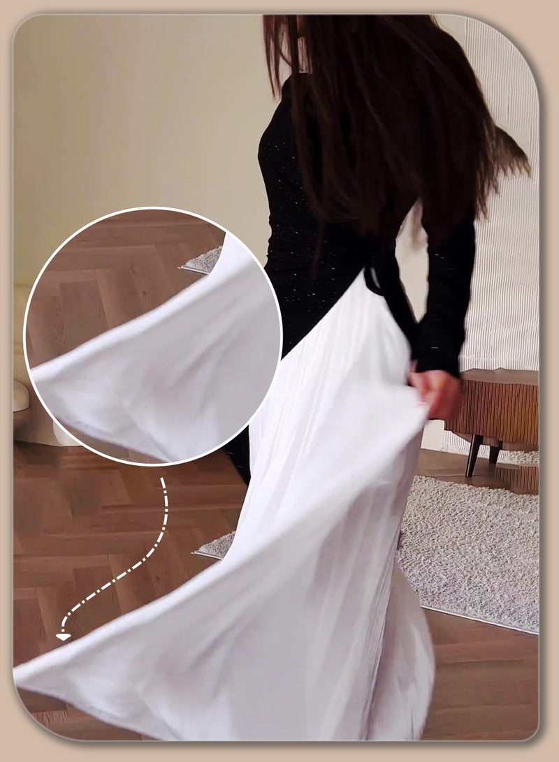 فستان نسائي، فستان طويل بأكمام طويلة بتصميم مدمج مع طيات ورباط، فستان ماكسي طويل، أسود/أبيض