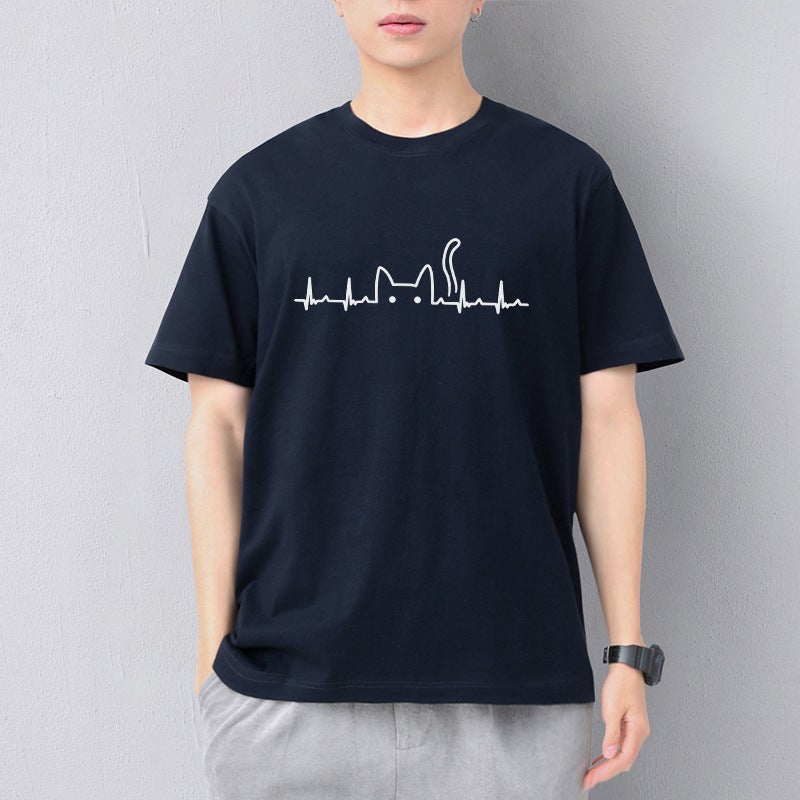 Fashion Brand Autumn Men'S Short-Sleeved T-Shirt Men'S Pure Cotton Crewneck Extra Large Size Fat Loose Short-Sleeved Purplish Blue - Image 3