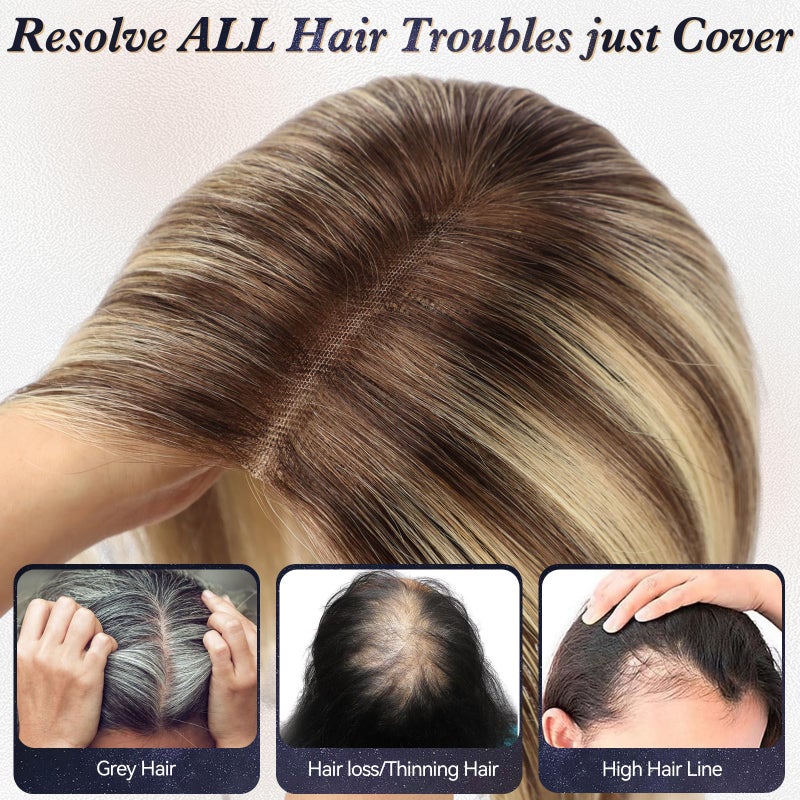 starluck 6x5 inch Large Swiss Base SilkHug 14 Inch Real Human Hair Toppers,60 Gram, 100% Real Human Hair Toppers for Women with thinning (Ash Blonde Mixed Brown, with Bangs) 2T613/M6/16A# - Image 3