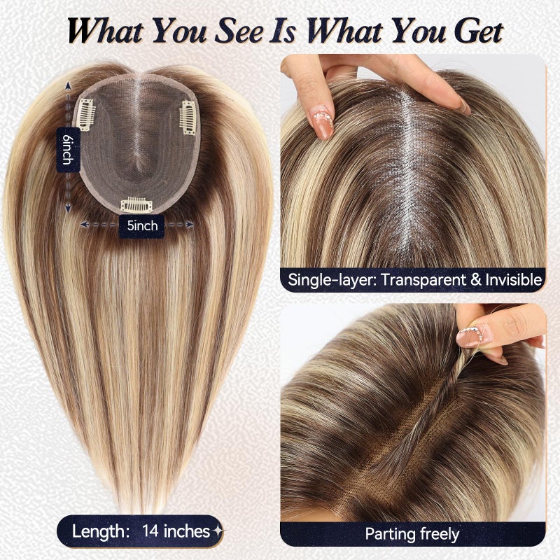 starluck 6x5 inch Large Swiss Base SilkHug 14 Inch Real Human Hair Toppers,60 Gram, 100% Real Human Hair Toppers for Women with thinning (Ash Blonde Mixed Brown, with Bangs) 2T613/M6/16A# - Image 4