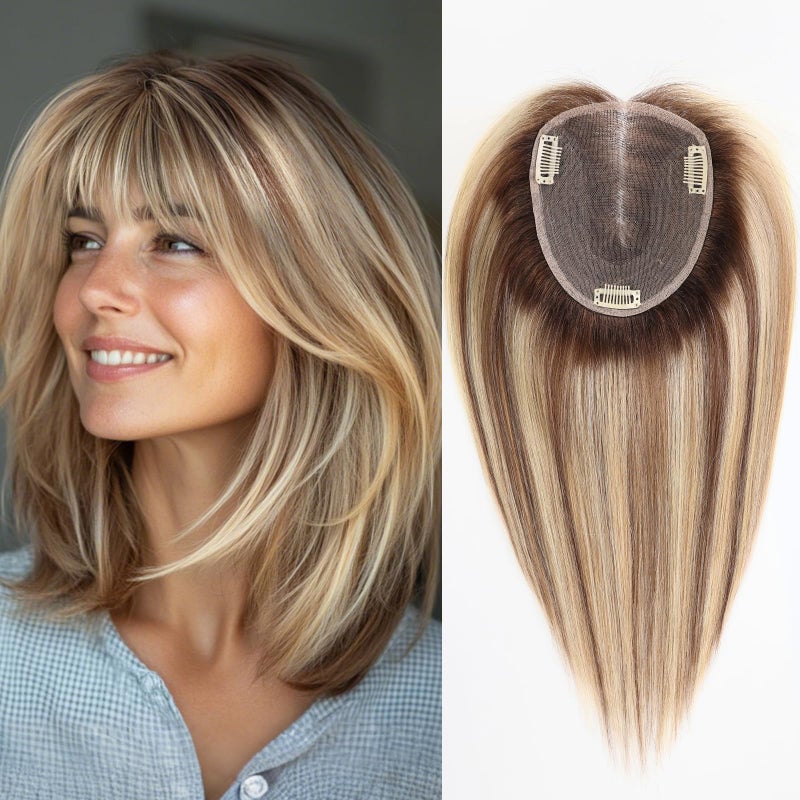starluck 6x5 inch Large Swiss Base SilkHug 14 Inch Real Human Hair Toppers,60 Gram, 100% Real Human Hair Toppers for Women with thinning (Ash Blonde Mixed Brown, with Bangs) 2T613/M6/16A# - Image 1