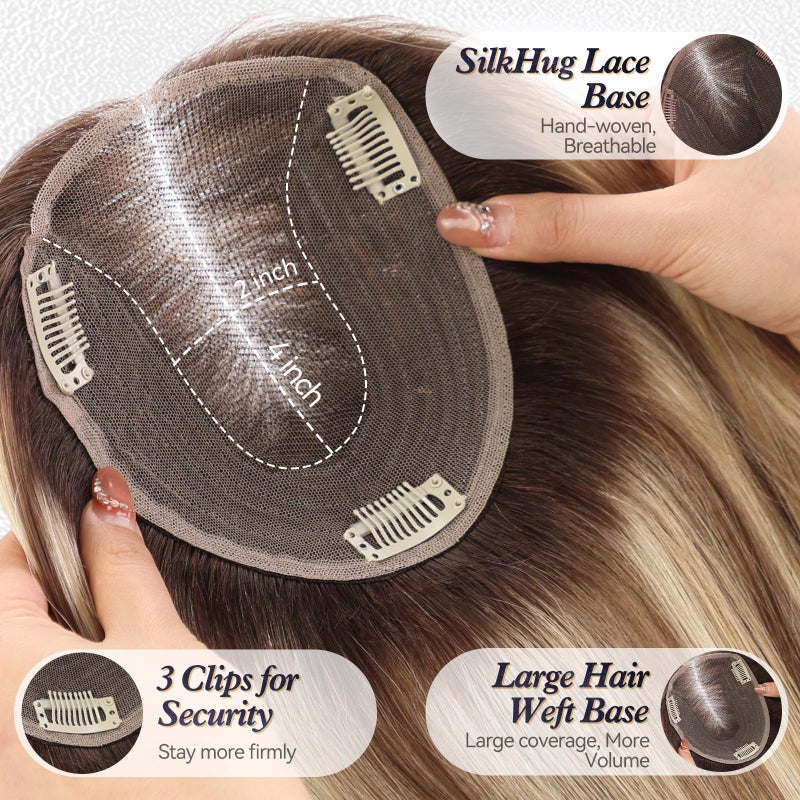 starluck 6x5 inch Large Swiss Base SilkHug 14 Inch Real Human Hair Toppers,60 Gram, 100% Real Human Hair Toppers for Women with thinning (Ash Blonde Mixed Brown, with Bangs) 2T613/M6/16A# - Image 2